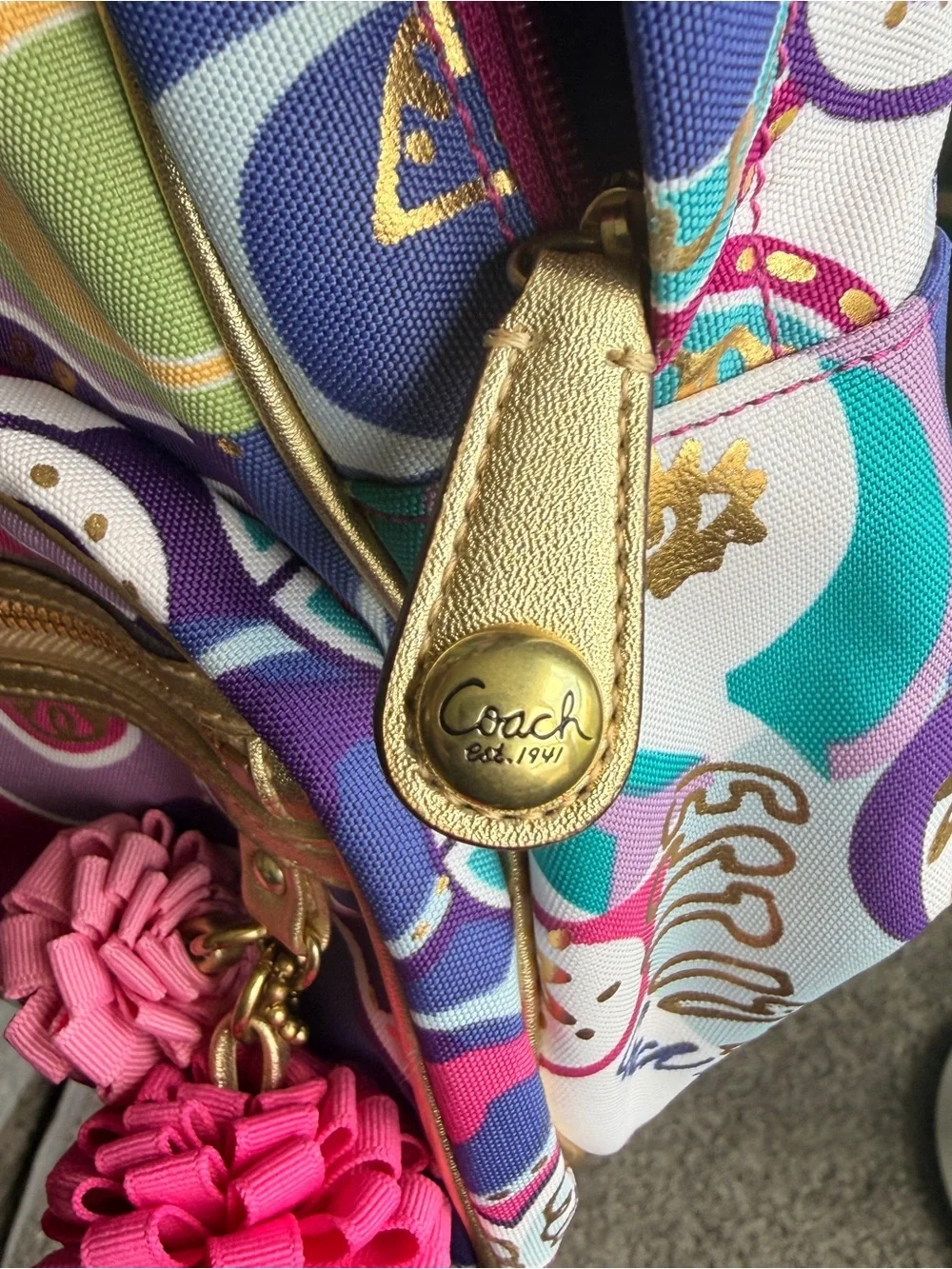 Coach Poppy Multicolor Graphic Print Backpack with Gold Hardware